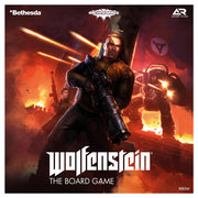 Wolfenstein: The Board Game - The Board Game featuring a soldier with a large gun in black and brown armor, fiery combat background, and a red flag with a