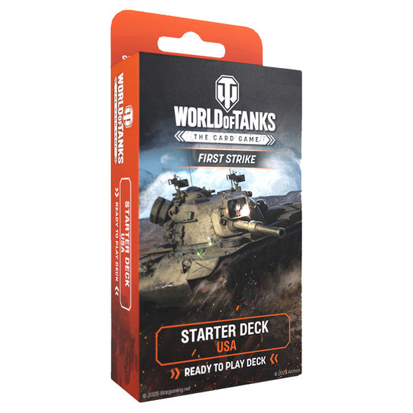 World of Tanks TCG: First Strike: Starter Deck - USA - World of Tanks TCG First Strike starter deck box with tank battle artwork in dark blue and orange design.