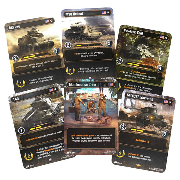 World of Tanks TCG: First Strike: Starter Deck - USA - Six World of Tanks TCG cards with tank illustrations and game stats, featuring military-themed artwork and varied.