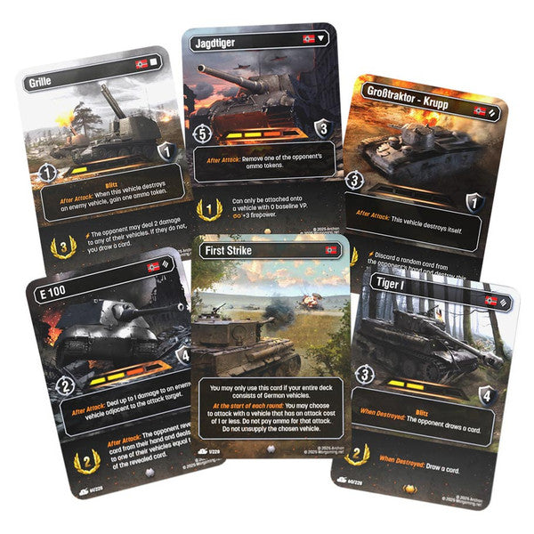 World of Tanks TCG: First Strike: Starter Deck - Germany - Six World of Tanks TCG cards featuring German tanks with dark backgrounds, colorful artwork, and gameplay icons.
