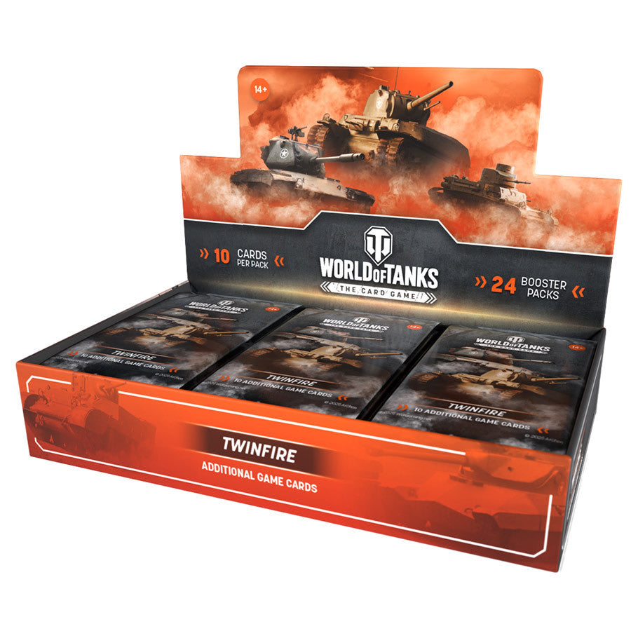 World of Tanks TCG: Twinfire: Booster Display - World of Tanks TCG Twinfire booster display with orange and black tank-themed artwork, holding 24 booster packs.