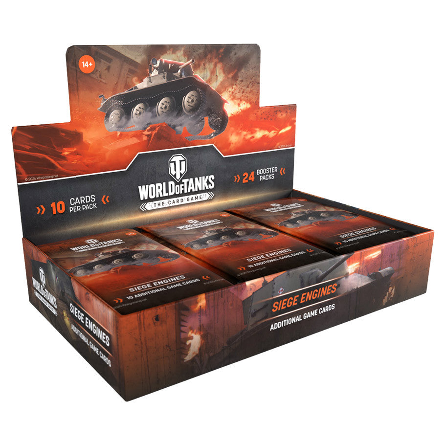 World of Tanks TCG: Siege Engines Booster Display (PREORDER) - Open display box with multiple black and orange World of Tanks TCG Siege Engines booster packs featuring tank artwork and.