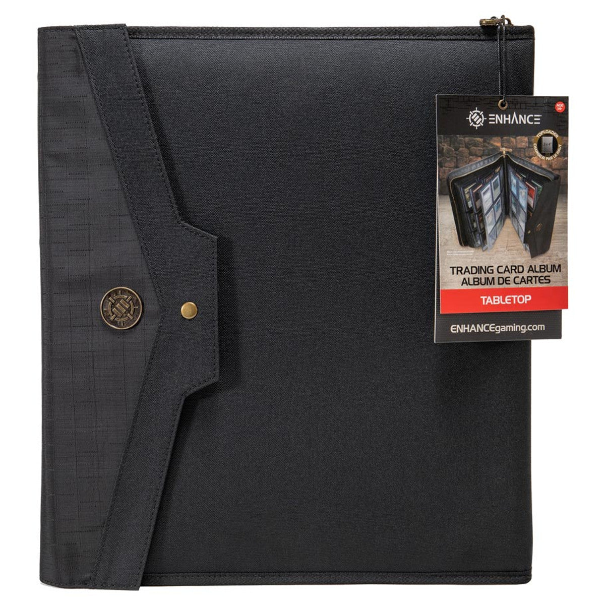 Enhance 9-Pocket Toploader Album - Black - Black Enhance 9-pocket toploader album with textured cover, snap closure, and label tag attached.
