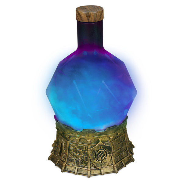 Enhance: Tabletop Potion Light: Light Blue - Light blue octagonal glass potion bottle with a wood-textured cap on an ornate bronze base.
