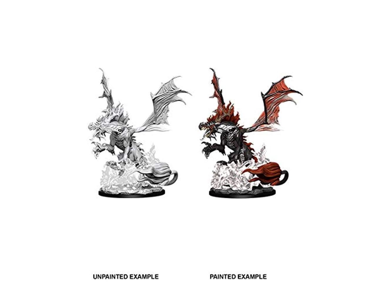 Pathfinder Battles Deep Cuts: Nightmare Dragon - Detailed miniature dragon figurine with large wings and sharp claws, shown unpainted in white resin and painted in dark red.