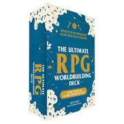 The Ultimate RPG Worldbuilding Deck - Blue rectangular card deck box with gold and white fantasy-themed illustrations and bold title "The Ultimate RPG.