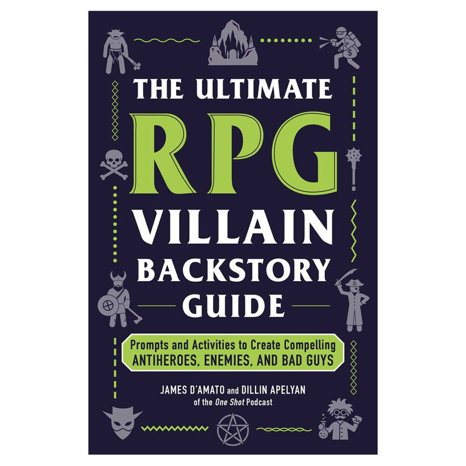 The Ultimate RPG Villain Backstory Guide (PREORDER) - Dark purple book cover with bold green and white text, featuring fantasy-themed border illustrations like skeletons and.