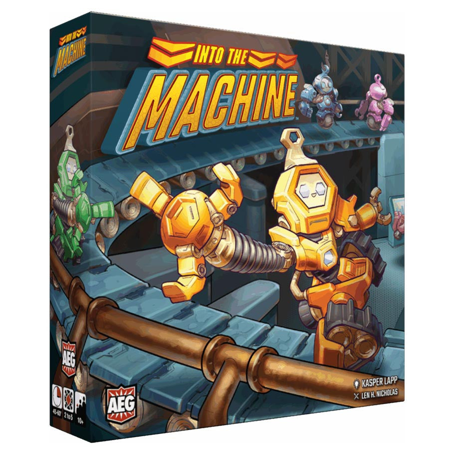 Into the Machine (PREORDER) - Board game box featuring orange and yellow robot characters racing on industrial conveyor belts against a dark background.