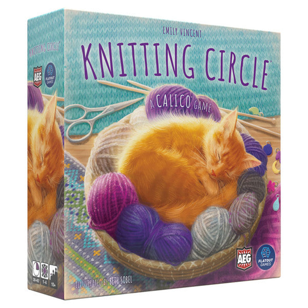 Knitting Circle - Board game box with a sleeping orange kitten nestled in a basket surrounded by colorful yarn balls and knitting needles.