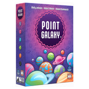 Point Galaxy - Rectangular game box with purple galaxy-themed background and colorful illustrated planets on the front, featuring the title