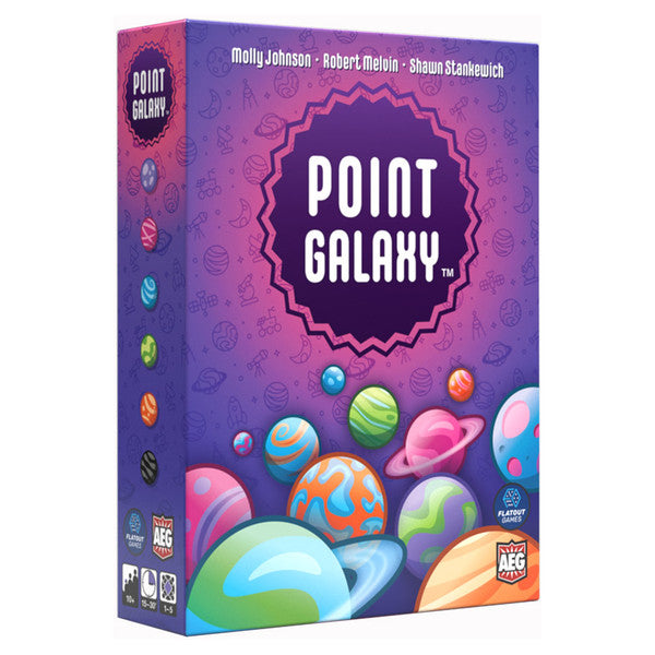 Point Galaxy - Rectangular game box with purple galaxy-themed background and colorful illustrated planets on the front, featuring the title