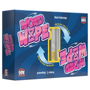 Word Wipe - Square dark blue box with bright pink and white "Word Wipe" text and a clear yellow sand timer in the center.