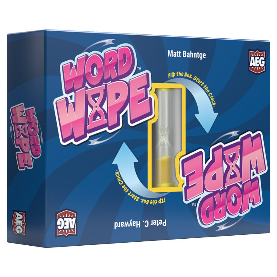 Word Wipe - Square dark blue box with bright pink and white "Word Wipe" text and a clear yellow sand timer in the center.