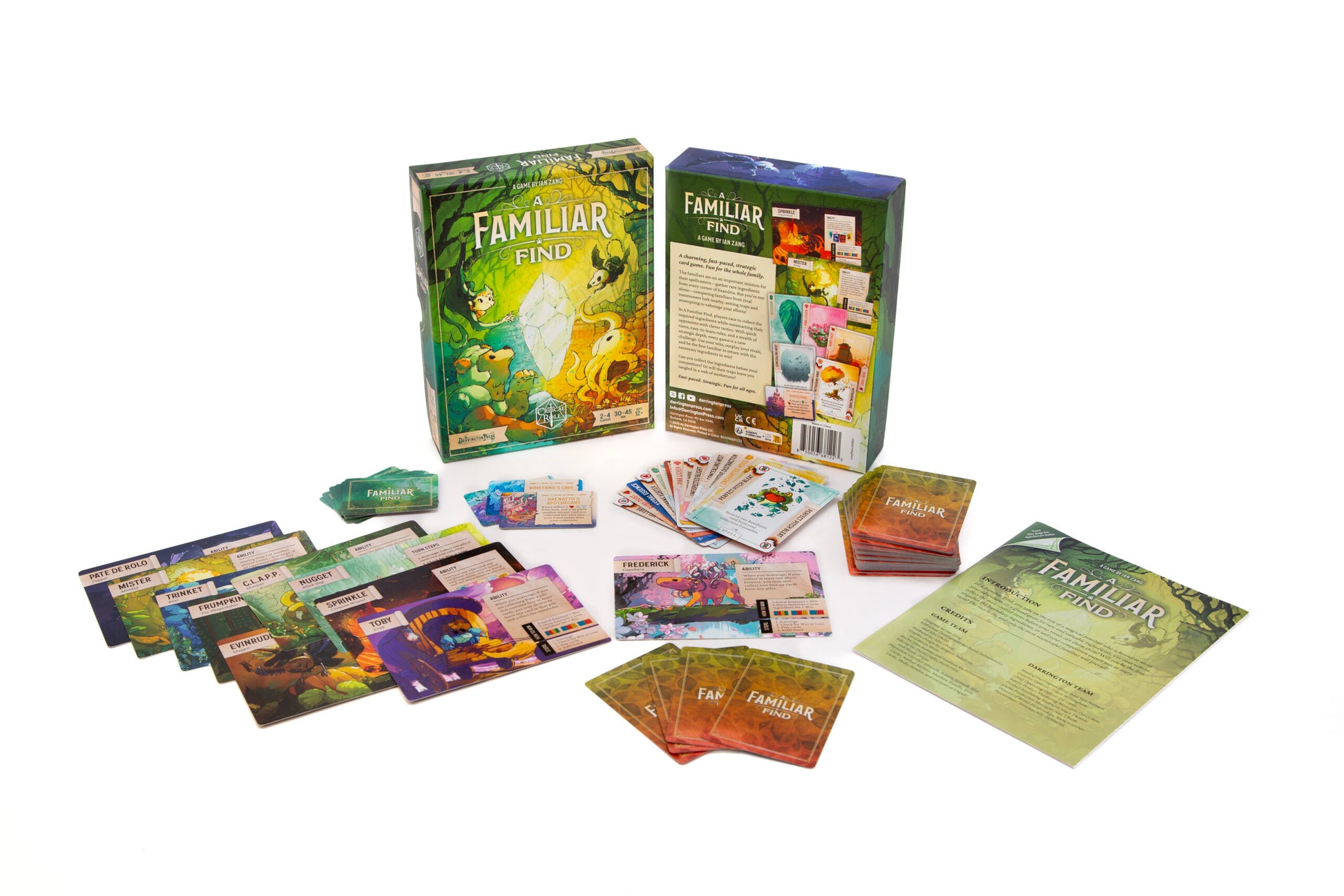 A Familiar Find - Colorful card game set with illustrated cards, instruction booklet, and decorative box titled A Familiar Find.