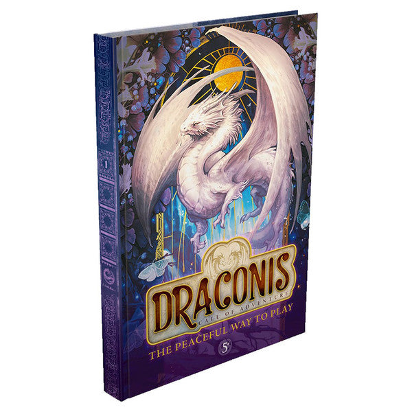D&D 5E: Draconis: The Call of Adventure Core Book (PREORDER) - Hardcover fantasy role-playing core book with a white dragon and mystical artwork on purple-blue cover.
