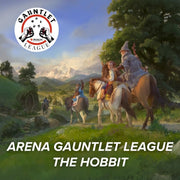 Arena Gauntlet League - The Hobbit - Fantasy landscape with three riders on horseback, one wearing a pointed hat, surrounded by lush greenery and distant.