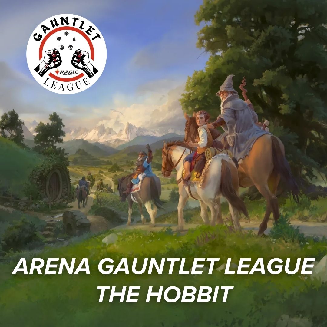 Arena Gauntlet League - The Hobbit - Fantasy landscape with three riders on horseback, one wearing a pointed hat, surrounded by lush greenery and distant.