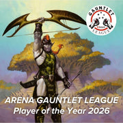 Arena Gauntlet League - 2026 Player of the Year - Fantasy warrior holding large golden double-bladed axe above head with Gauntlet League logo and text overlay.