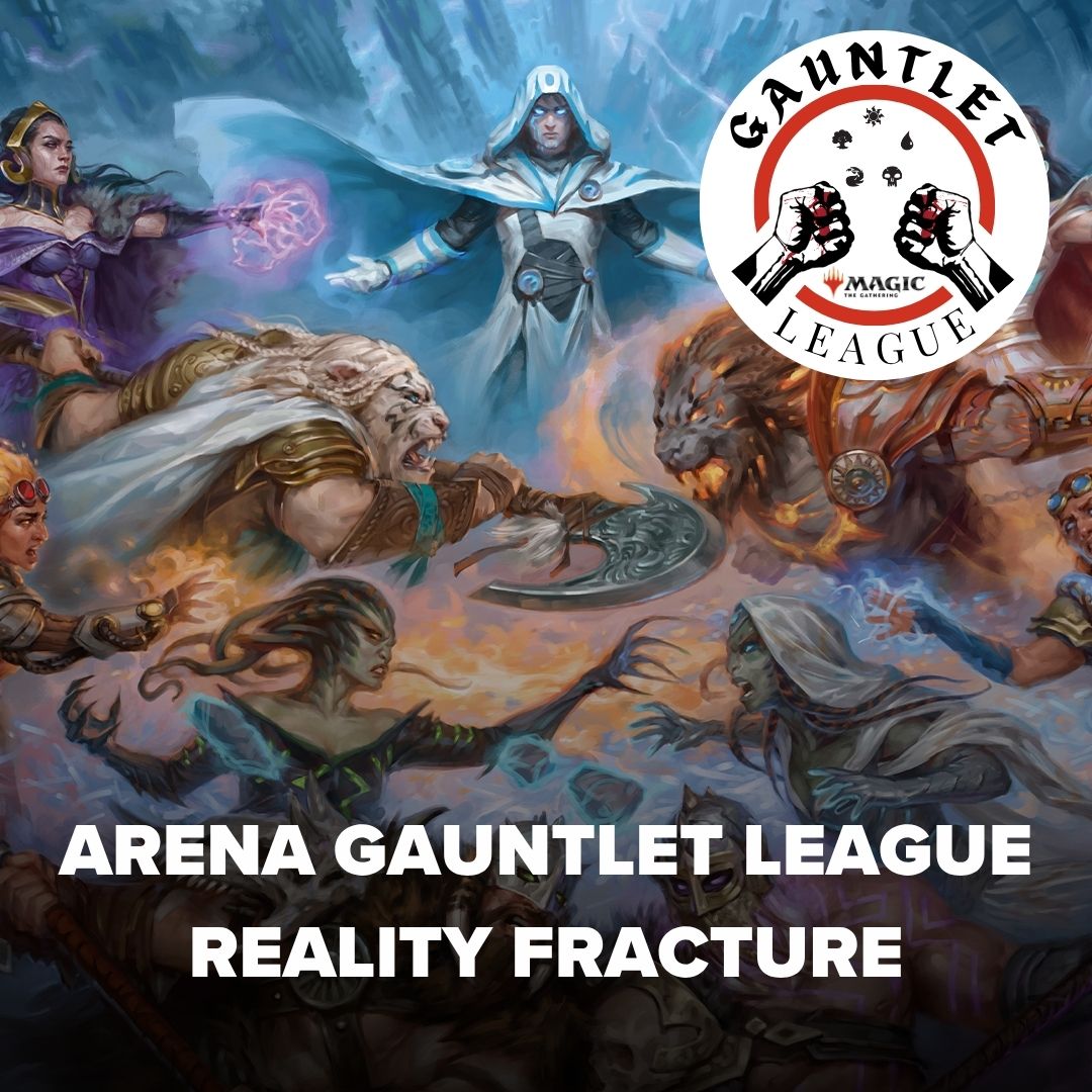 Arena Gauntlet League - Reality Fracture - Fantasy-themed game card artwork featuring magical combatants casting spells in a fractured, icy landscape with dynamic.