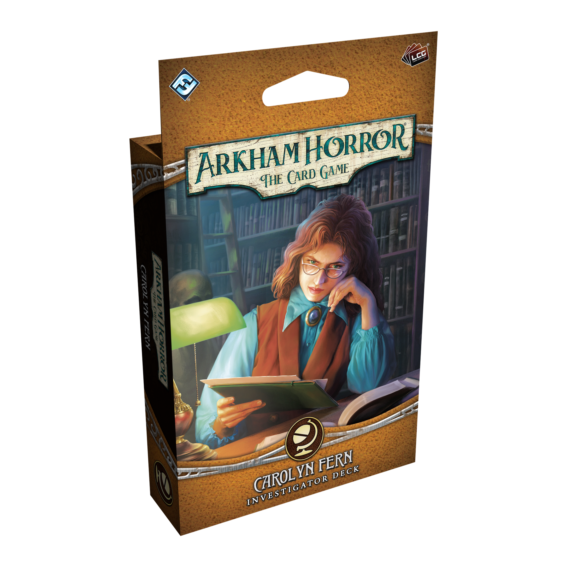 Arkham Horror: LCG: Carolyn Fern Investigator Deck (PREORDER) - Arkham Horror card game box featuring Carolyn Fern investigator artwork with vintage library and warm brown tones.