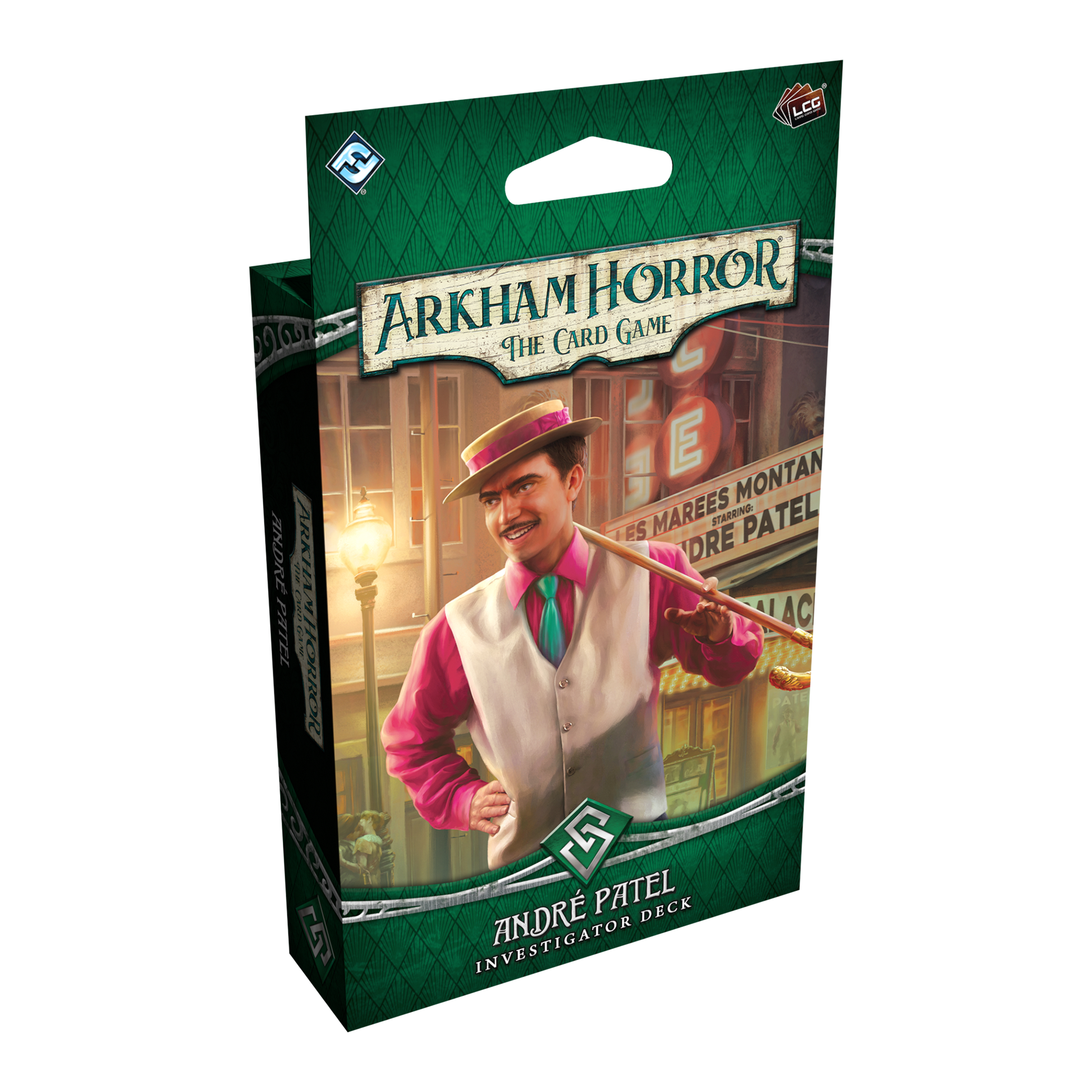 Arkham Horror: LCG: André Patel Investigator Deck (PREORDER) - Green diamond-patterned box featuring a man in a pink shirt and beige vest for Arkham Horror André Patel Investigator Deck.