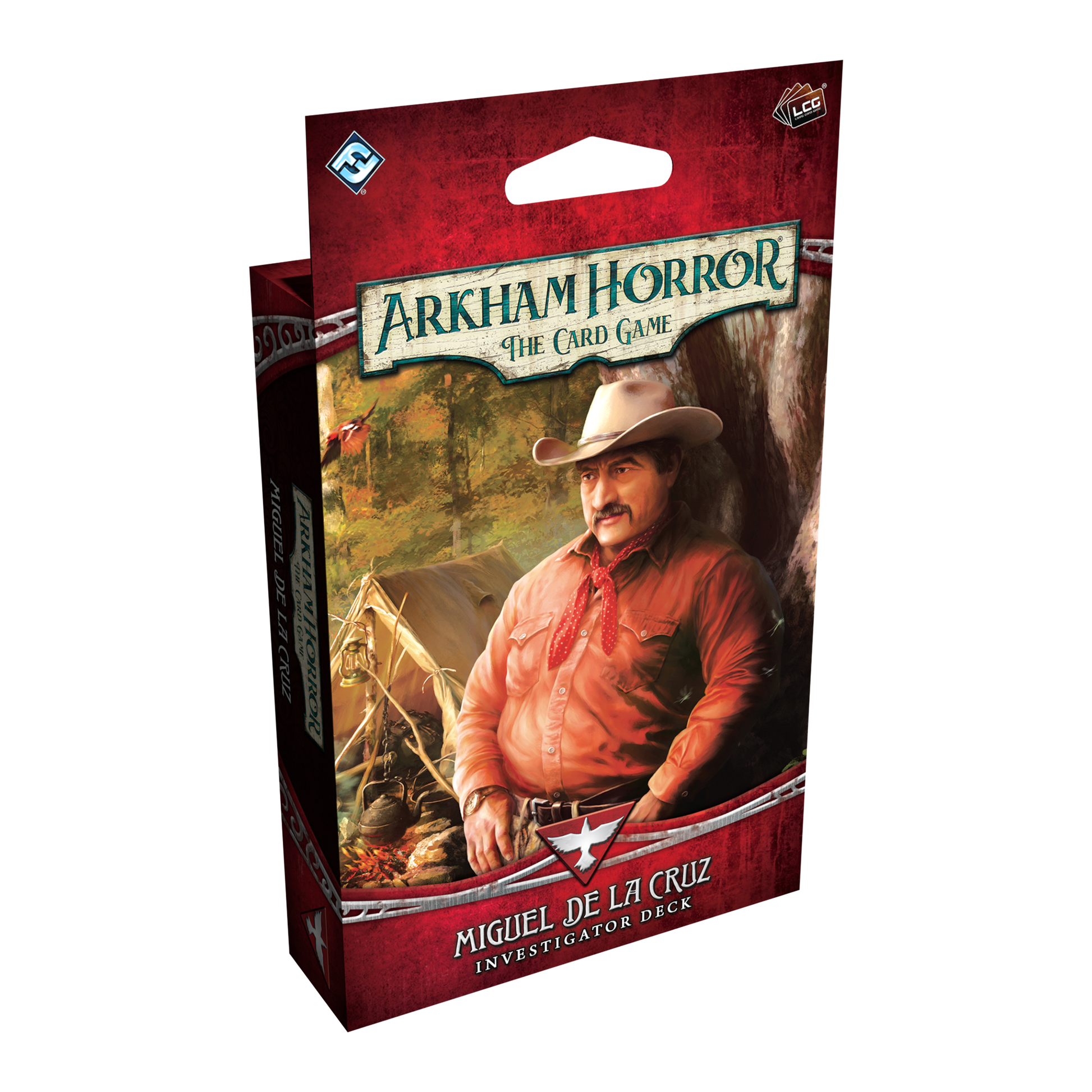 Arkham Horror: LCG: Miguel de la Cruz Investigator Deck (PREORDER) - Red and brown box featuring a man in a white hat and red shirt, labeled Arkham Horror The Card Game Miguel de la Cruz.