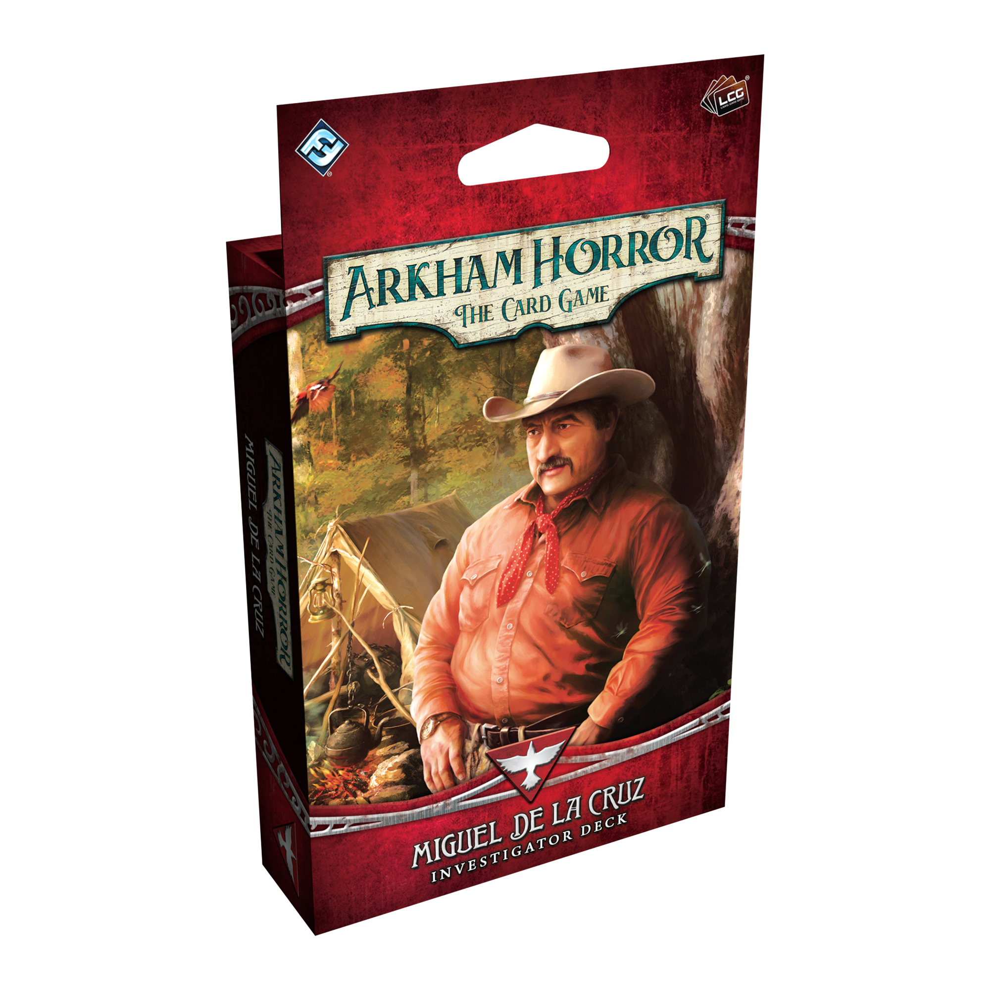 Arkham Horror: LCG: Miguel de la Cruz Investigator Deck (PREORDER) - Red and brown box featuring a man in a white hat and red shirt, labeled Arkham Horror The Card Game Miguel de la Cruz.