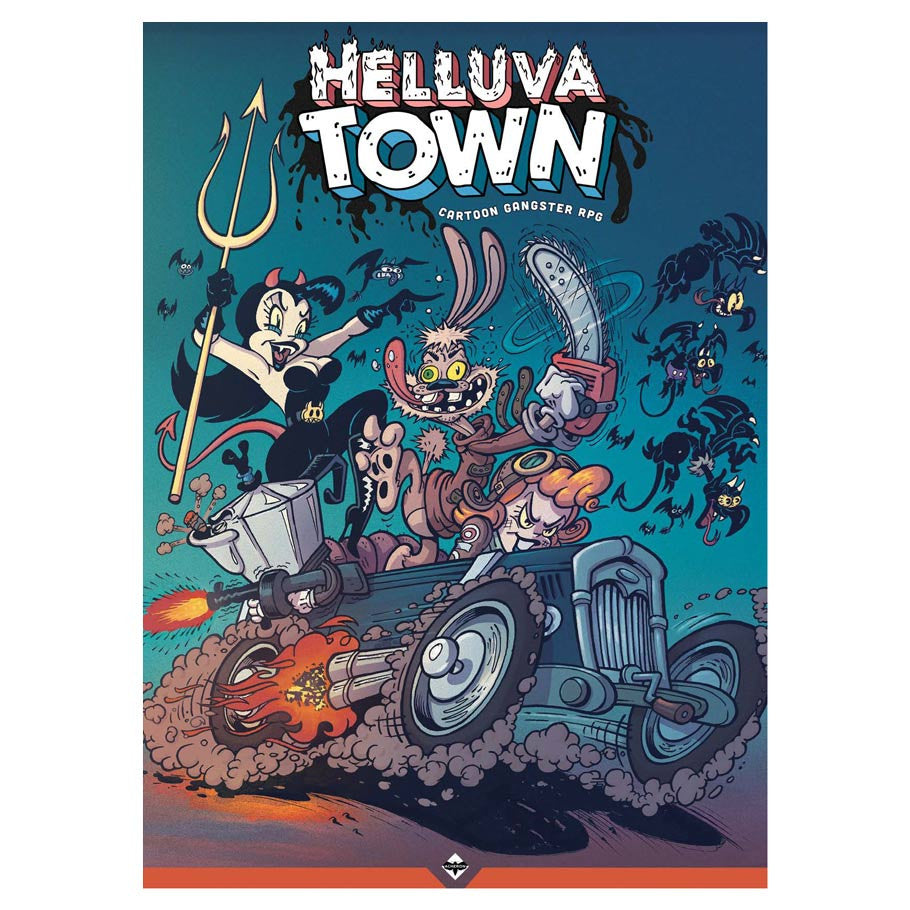 Helluva Town: Cartoon Gangster RPG (PREORDER) - Colorful comic-style book cover with cartoon gangsters riding a vintage hot rod under the title Helluva Town.