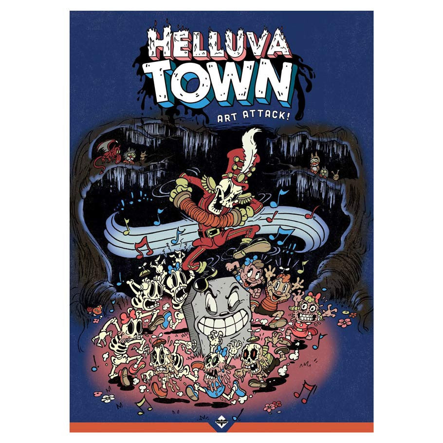 Helluva Town: Cartoon Gangster RPG: Art Attack! (PREORDER) - Dark blue RPG book cover with cartoon gangster characters dancing around a large gray skull wearing a red hat, colorful.
