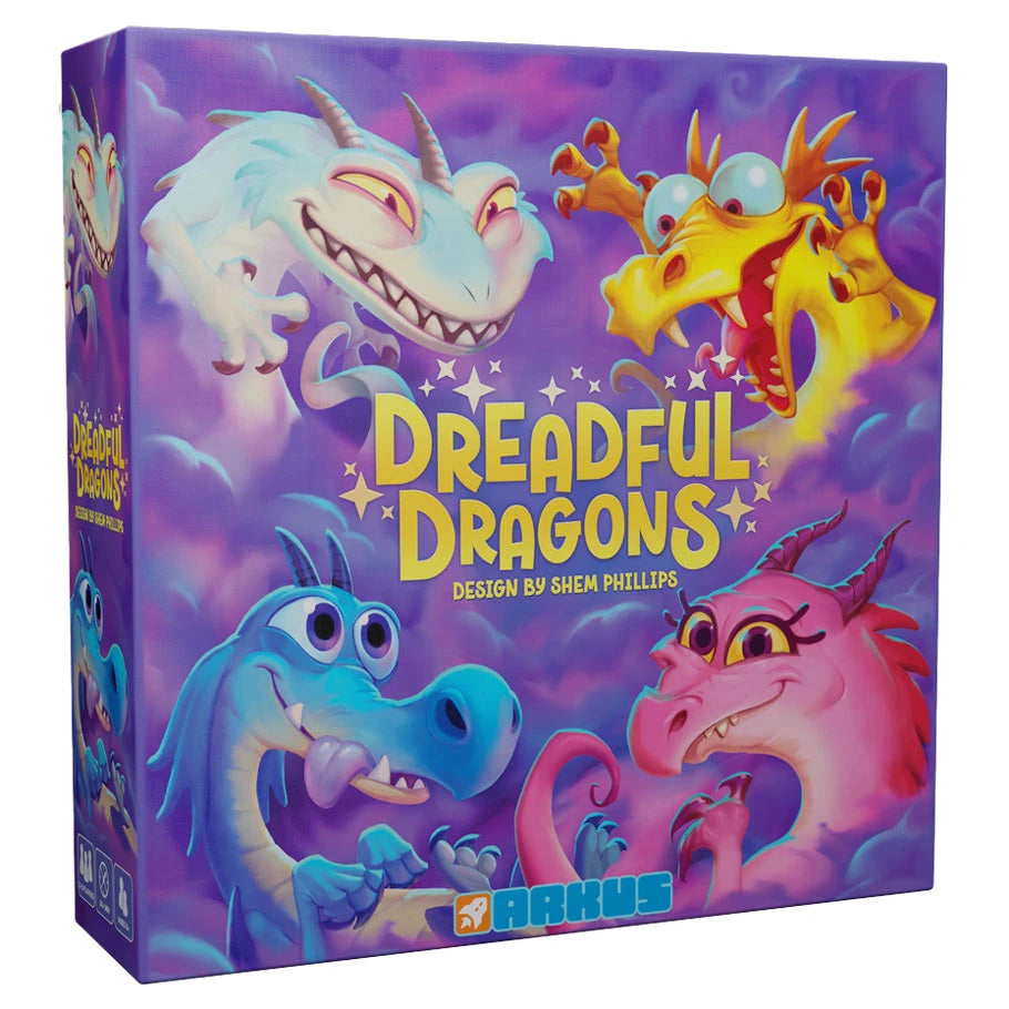 Dreadful Dragons (PREORDER) - Colorful board game box featuring four cartoon dragons in blue, white, yellow, and pink with playful expressions on a purple