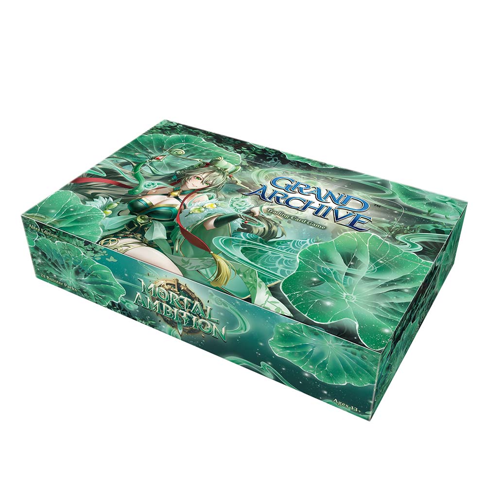 Grand Archive TCG: Mortal Ambition Alter Edition Booster Box - Green-themed rectangular booster box with intricate fantasy artwork and "Grand Archive" logo on top.