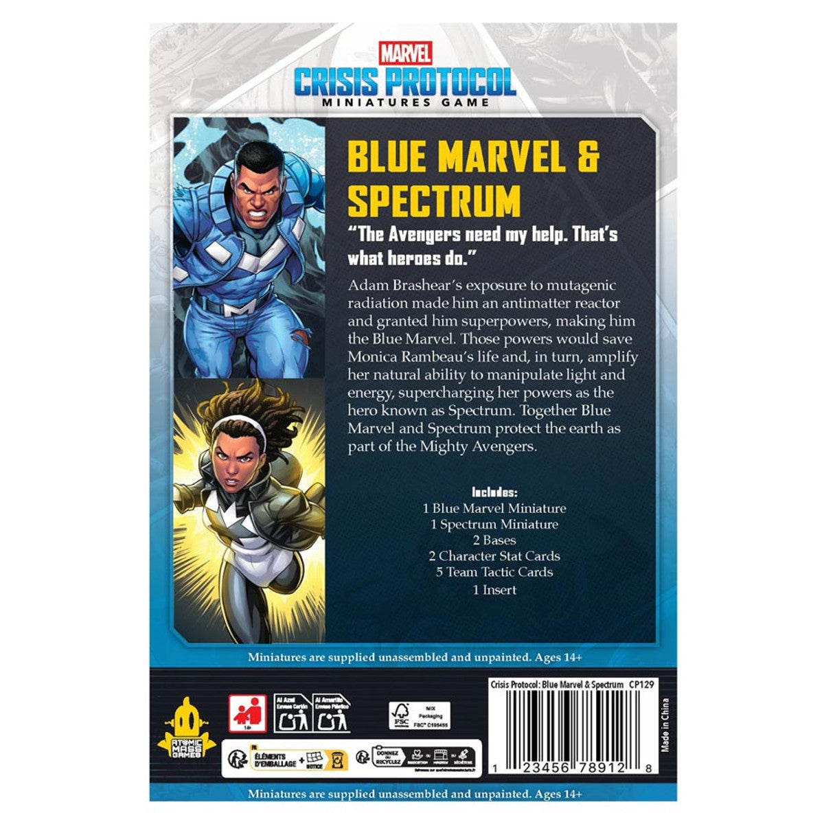 Marvel Crisis Protocol: Blue Marvel & Spectrum - Marvel Crisis Protocol boxed set featuring detailed Blue Marvel and Spectrum miniatures with character artwork on front,.