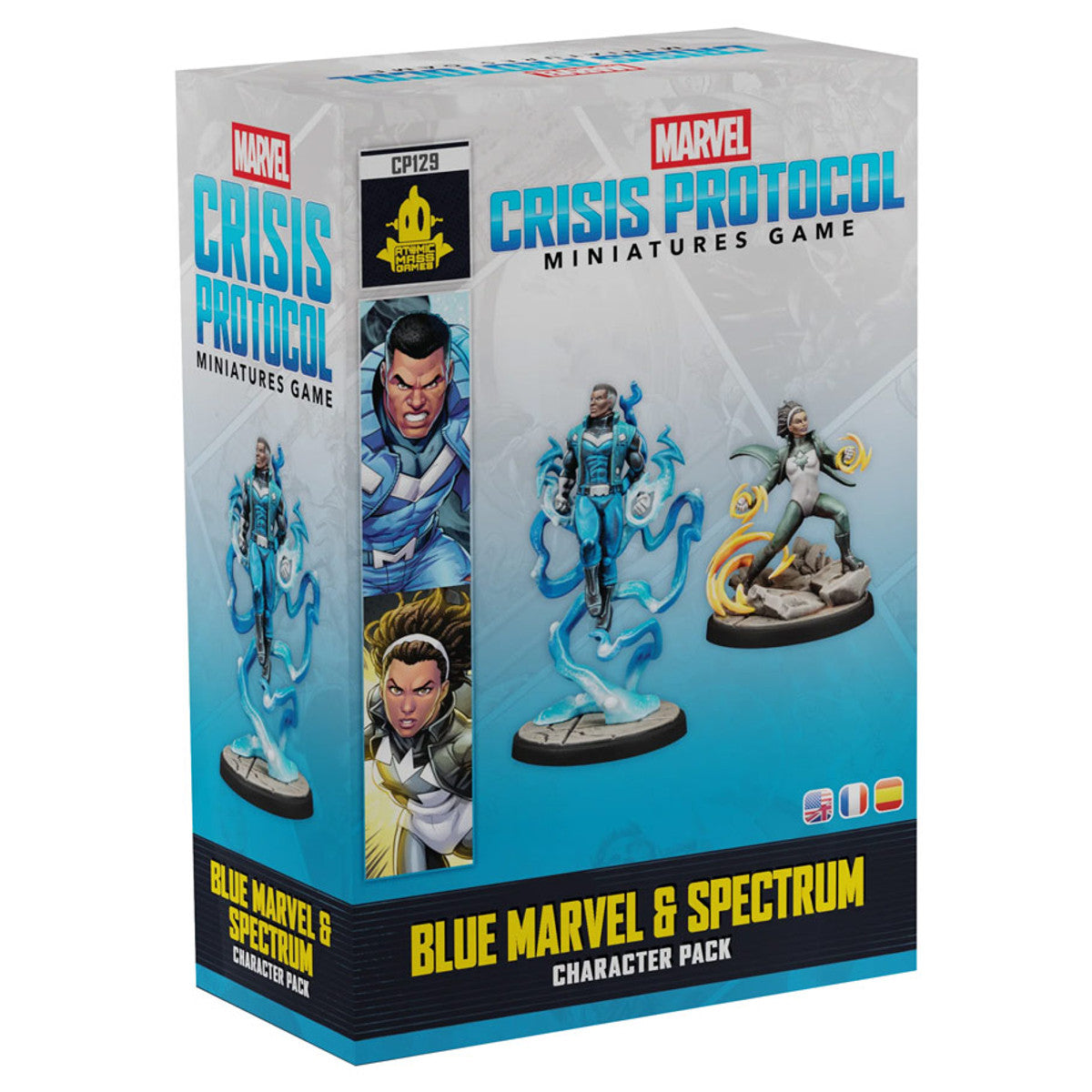Marvel Crisis Protocol: Blue Marvel & Spectrum - Marvel Crisis Protocol miniature game box featuring Blue Marvel and Spectrum characters with vibrant blue and white artwork.