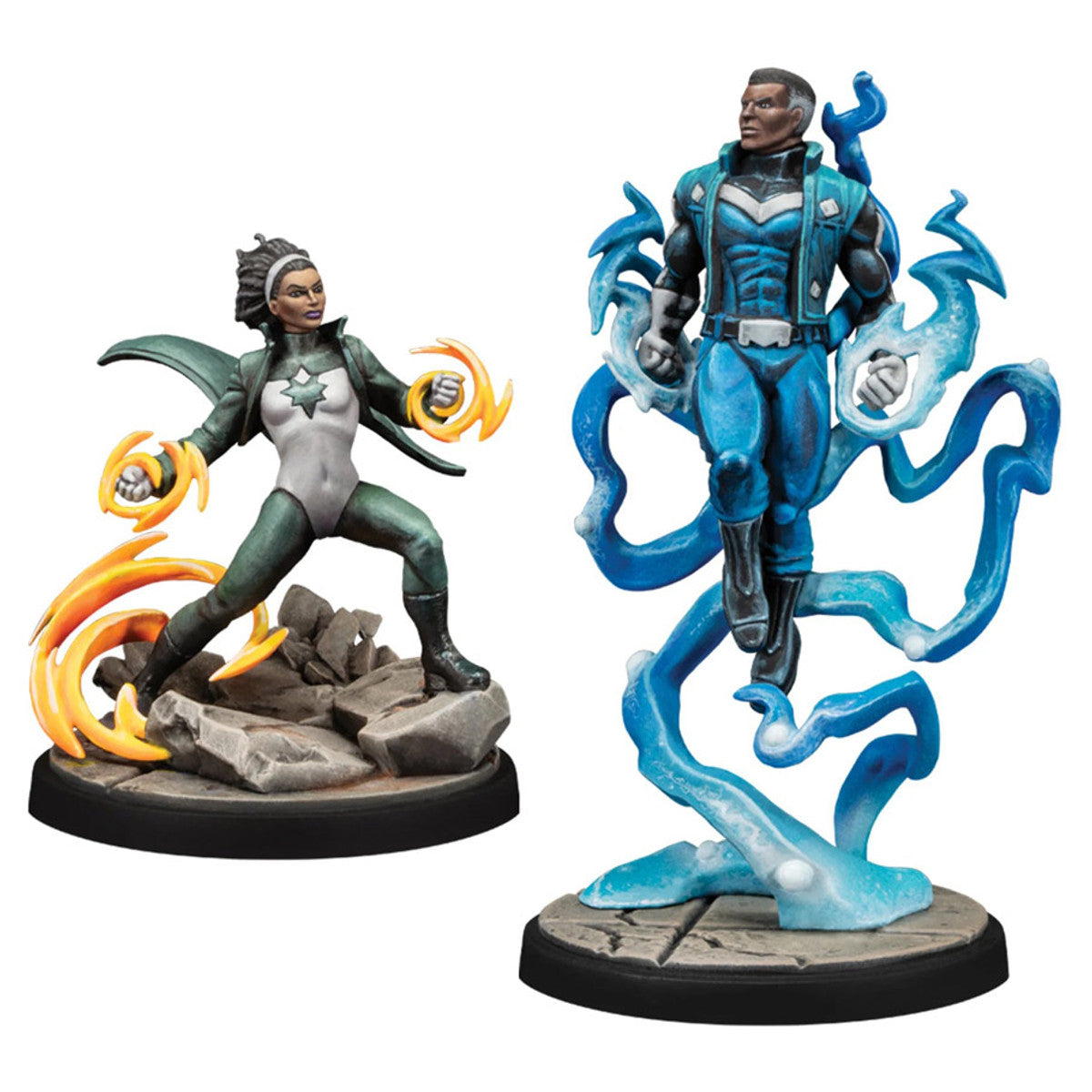 Marvel Crisis Protocol: Blue Marvel & Spectrum - Blue Marvel figure in a blue and black suit with blue energy swirls, Spectrum figure in black and white suit with orange and
