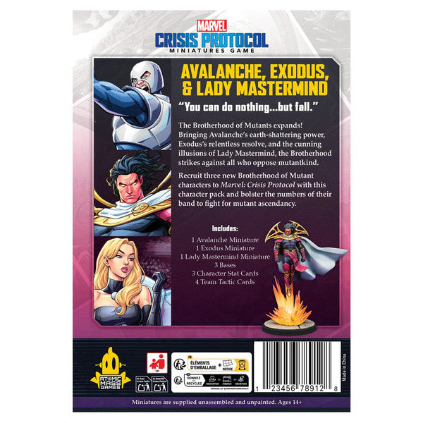 Marvel Crisis Protocol: Avalanche, Exodus & Lady Mastermind - Marvel Crisis Protocol game set box back featuring artwork of Avalanche, Exodus, and Lady Mastermind with flame and energy.