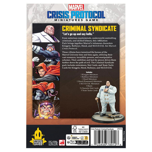 Marvel Crisis Protocol: Criminal Syndicate Affiliation Pack (PREORDER) - Marvel Crisis Protocol Criminal Syndicate Affiliation Pack box back with character artwork and painted figurine of a man in.
