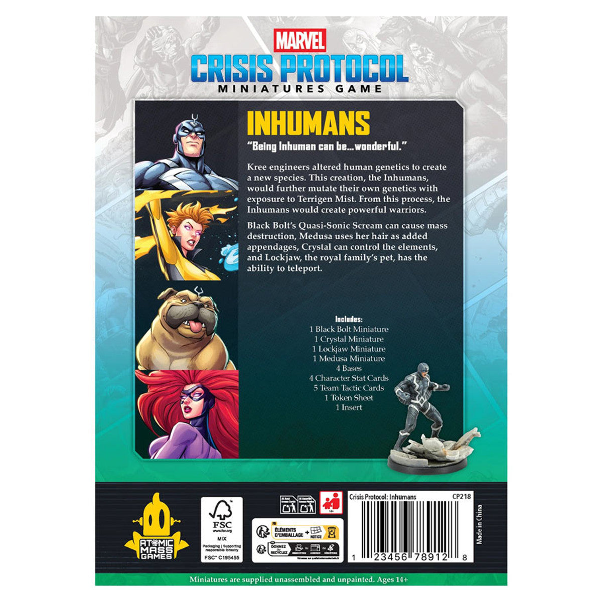 Marvel Crisis Protocol: Inhumans Affiliation Pack - Marvel Crisis Protocol Inhumans Affiliation Pack box with character artwork, game description, and miniature figure display.