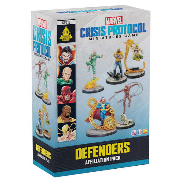 Marvel Crisis Protocol: Defenders Affiliation Pack - Boxed set of Marvel Crisis Protocol miniatures featuring Defenders characters with colorful detailed figures on bases.