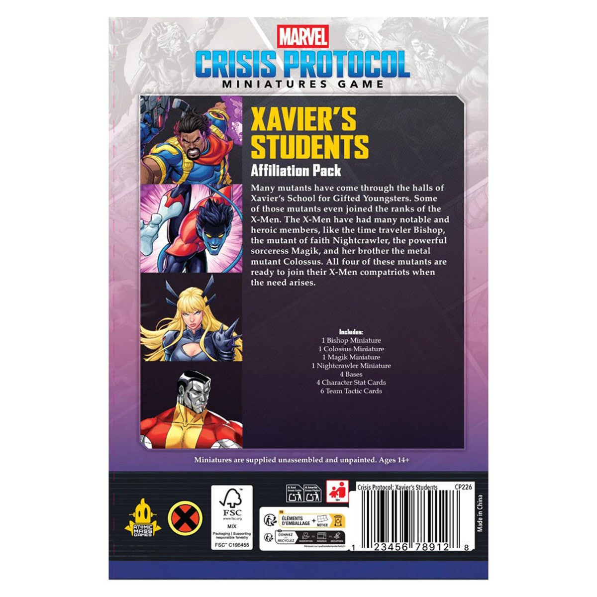 Marvel Crisis Protocol: Xavier’s Students Affiliation Pack - Marvel Crisis Protocol Xavier’s Students Affiliation Pack box with comic-style illustrations of four colorful superhero.