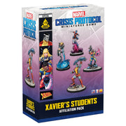 Marvel Crisis Protocol: Xavier’s Students Affiliation Pack - Marvel Crisis Protocol tabletop game box featuring painted miniatures of Xavier’s Students in dynamic battle poses on round.