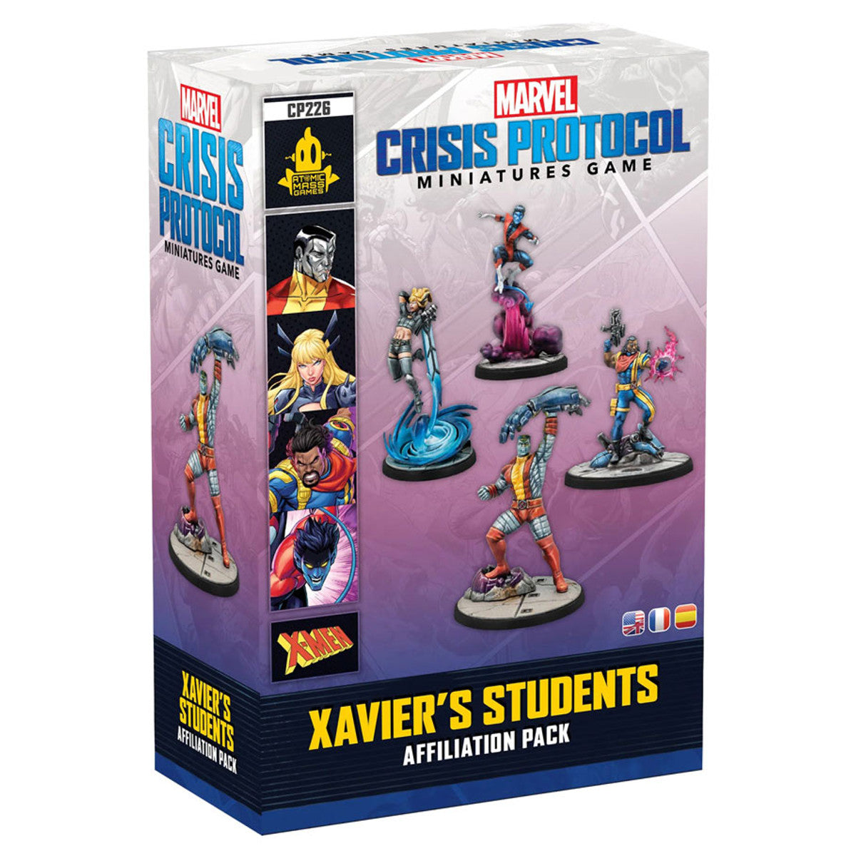 Marvel Crisis Protocol: Xavier’s Students Affiliation Pack - Marvel Crisis Protocol tabletop game box featuring painted miniatures of Xavier’s Students in dynamic battle poses on round.