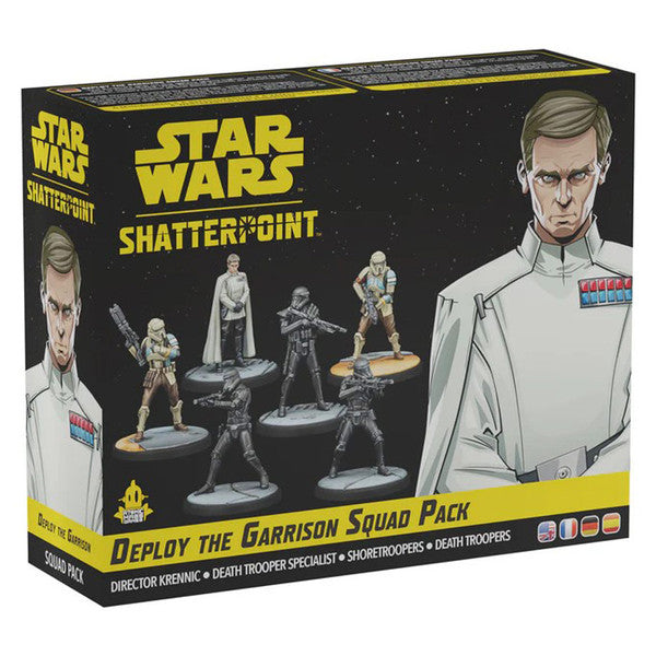 Star Wars Shatterpoint: Deploy the Garrison Squad Pack - Star Wars Shatterpoint board game box featuring Deploy the Garrison Squad Pack with character miniatures and black.