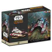 Star Wars Legion: TX-130 Saber-Class Tank - Red and white sci-fi tank model with angular armor and dual cannons on Star Wars Legion game box.