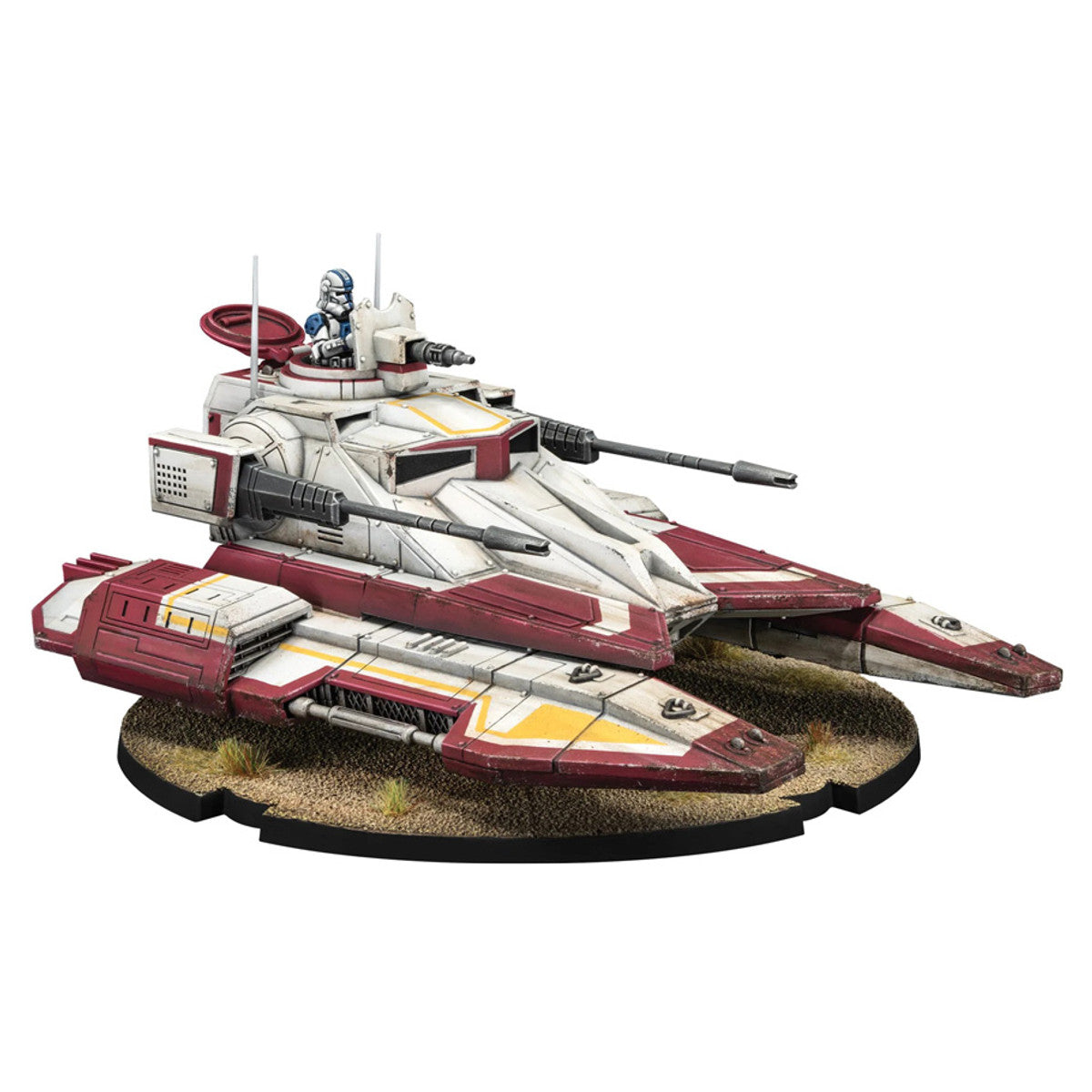 Star Wars Legion: TX-130 Saber-Class Tank - White and red futuristic tank model with dual front treads and a mounted long barrel gun, featuring a miniature figure in.