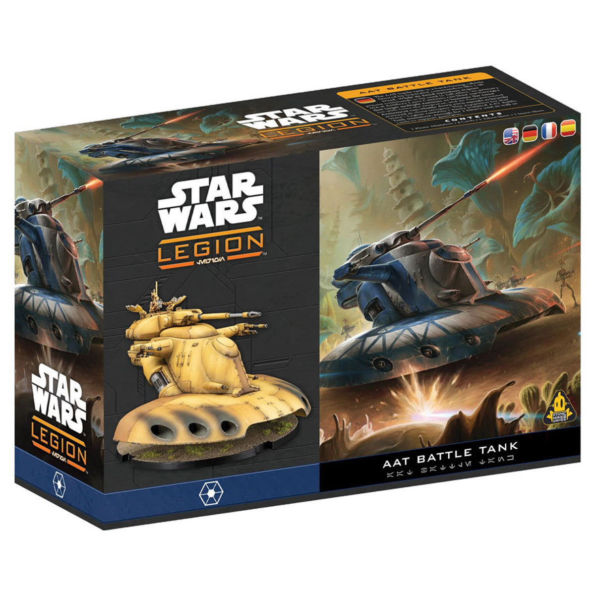 Star Wars Legion: AAT Battle Tank - Star Wars Legion AAT Battle Tank game box featuring a detailed tan and blue sci-fi tank model with rounded armor and dual.