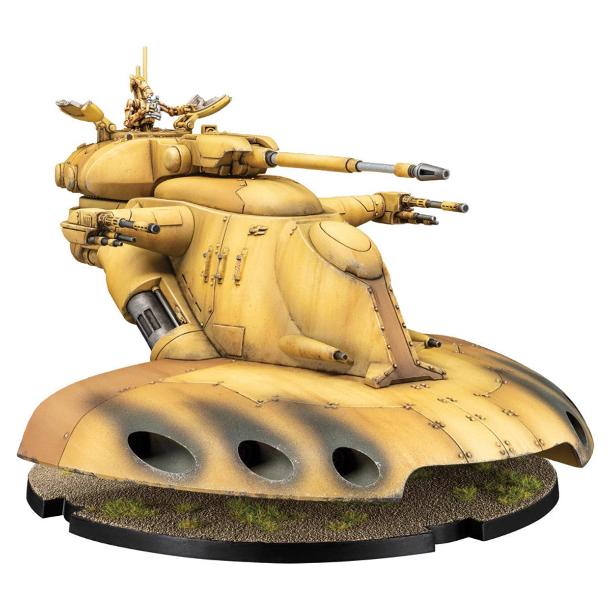 Star Wars Legion: AAT Battle Tank - Tan and brown sci-fi battle tank model with curved armor, dual cannons, and detailed turret on round base.
