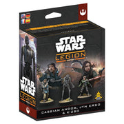 Star Wars Legion: Cassian Andor, Jyn Erso & K-2SO (PREORDER) - Star Wars Legion box set featuring detailed miniatures of Cassian Andor, Jyn Erso, and K-2SO in battle poses with dark,.