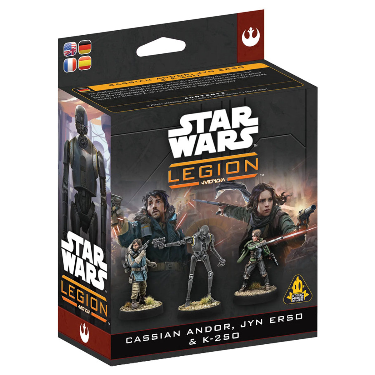 Star Wars Legion: Cassian Andor, Jyn Erso & K-2SO (PREORDER) - Star Wars Legion box set featuring detailed miniatures of Cassian Andor, Jyn Erso, and K-2SO in battle poses with dark,.