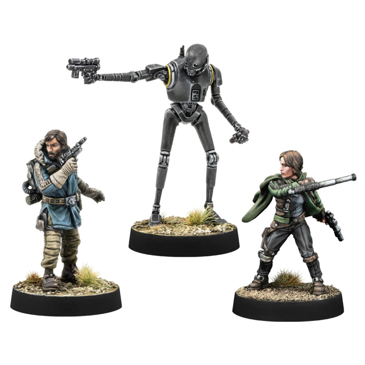 Star Wars Legion: Cassian Andor, Jyn Erso & K-2SO (PREORDER) - Three detailed Star Wars miniatures featuring Cassian Andor in a blue jacket and brown pants, K-2SO droid in black with.