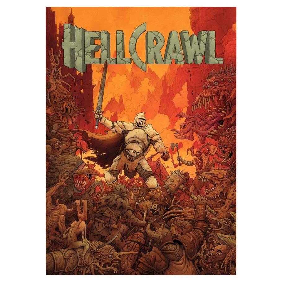 Old-School Essentials: HELLCRAWL (PREORDER) - Fantasy-themed book cover with a white-armored warrior holding a sword, standing amid demonic creatures in an orange-red.